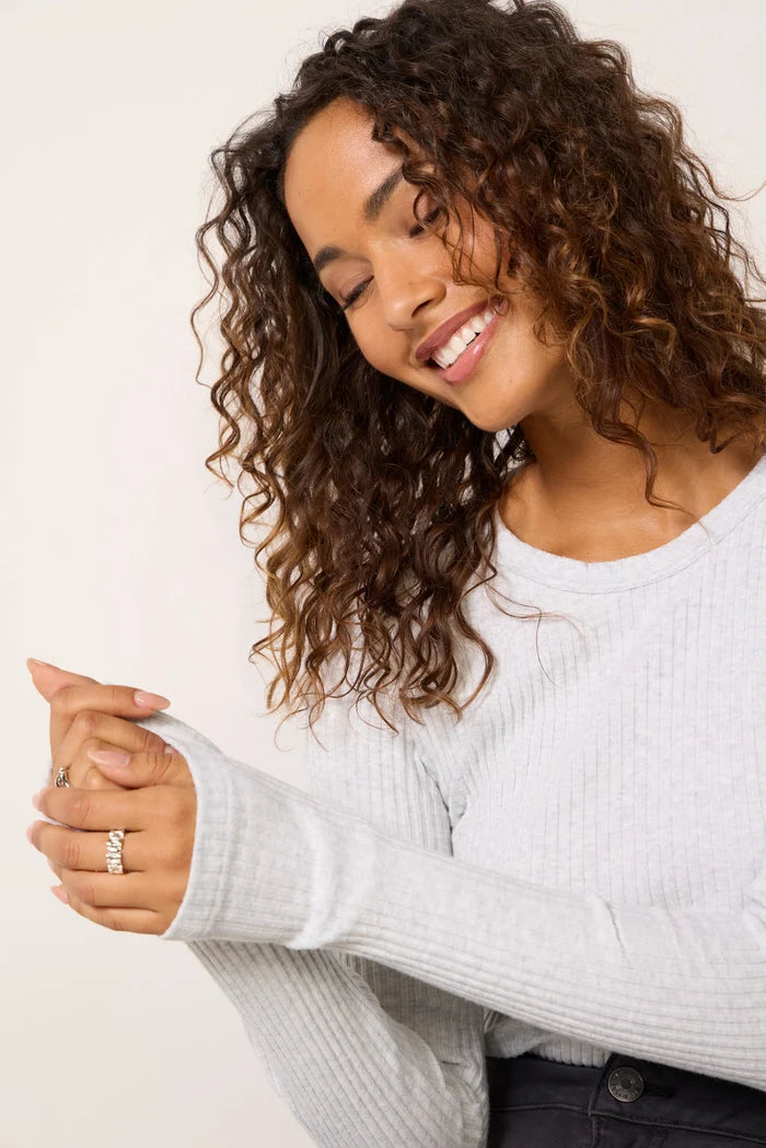 perfectwhitetee Flora Ribbed Long Sleeve in Heather Grey