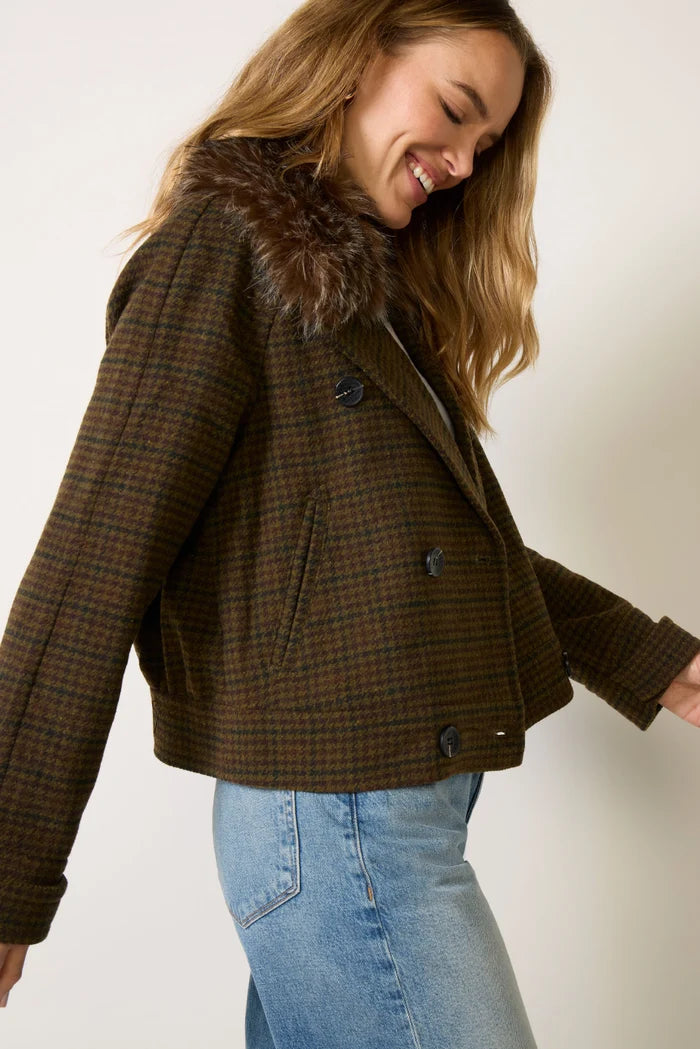 Avec Les Filles Fur Trim Peacoat in Olive Houndstooth