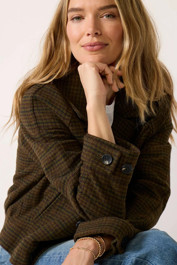 Avec Les Filles Fur Trim Peacoat in Olive Houndstooth