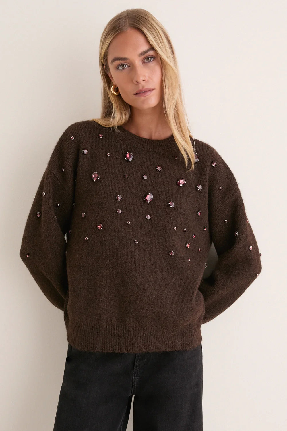 Hyacinth House Brown Embellished Lana Crewneck
