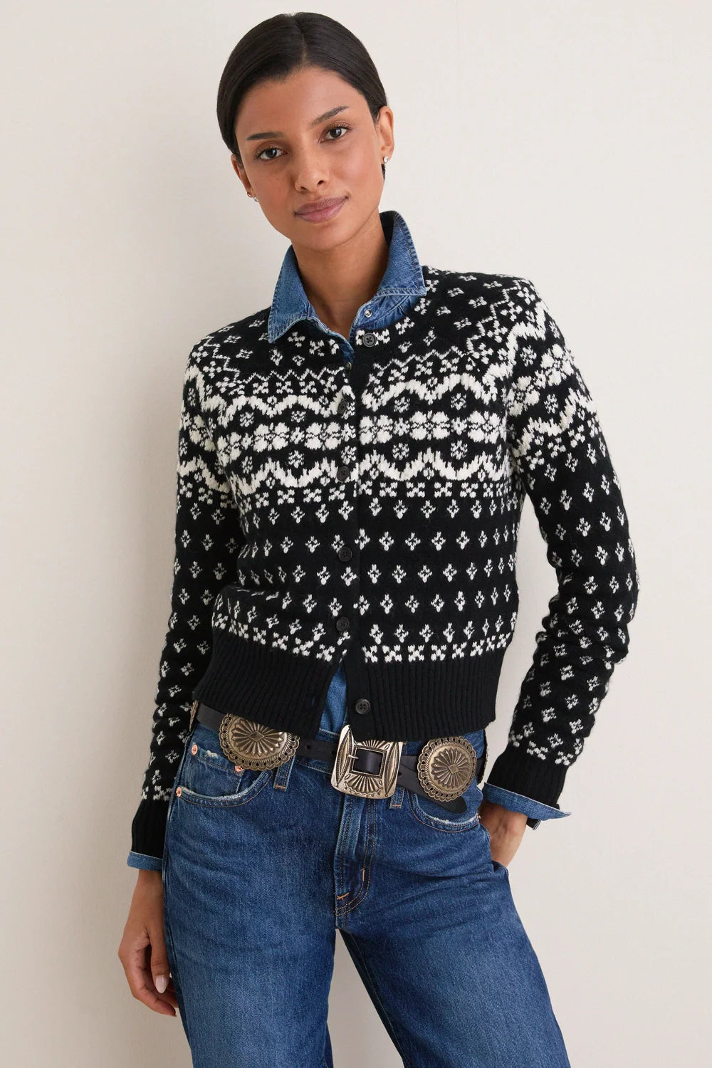 Ralph Lauren Black and Cream Wool Cotton Long Sleeve Crewneck Cardigan