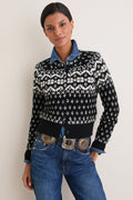 Ralph Lauren Black and Cream Wool Cotton Long Sleeve Crewneck Cardigan