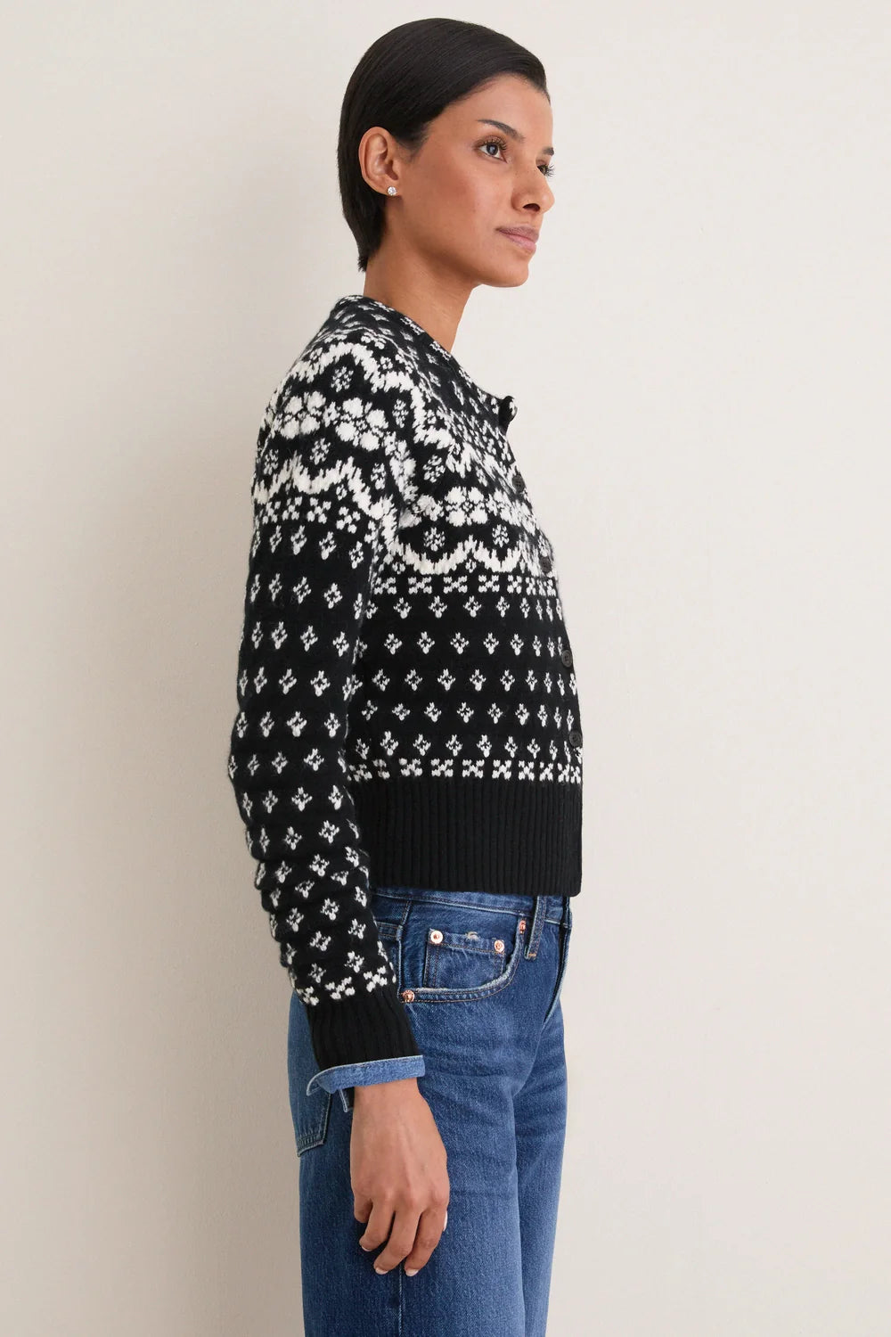 Ralph Lauren Black and Cream Wool Cotton Long Sleeve Crewneck Cardigan
