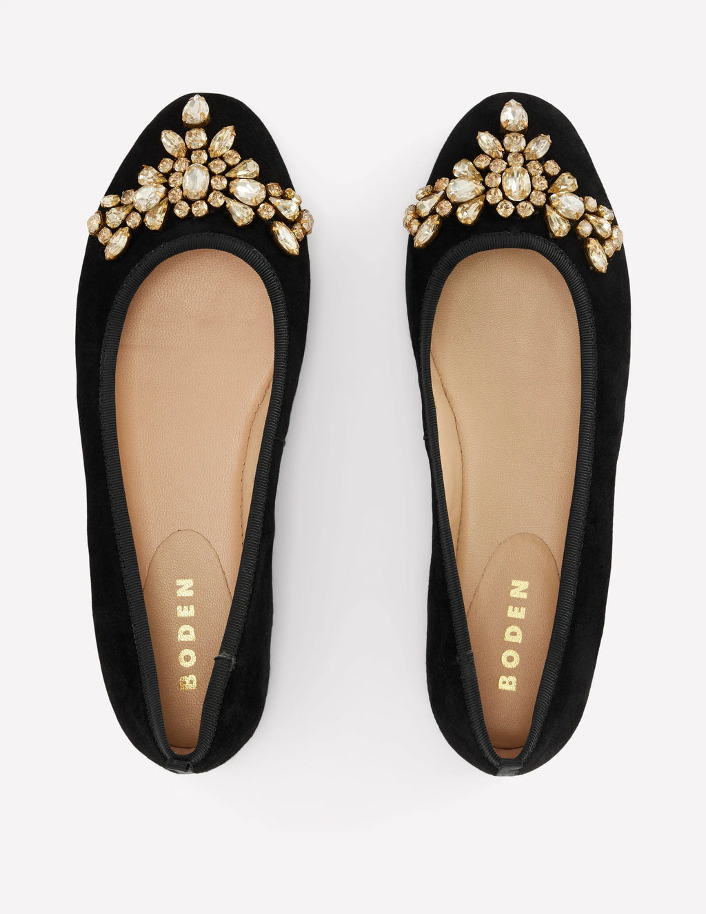 Boden Patti Round Toe Ballet Flat in Black Embellished Suede