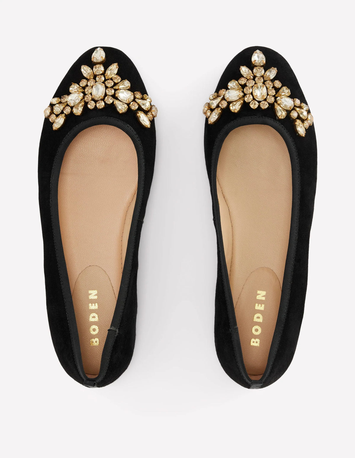 Boden Patti Round Toe Ballet Flat in Black Embellished Suede