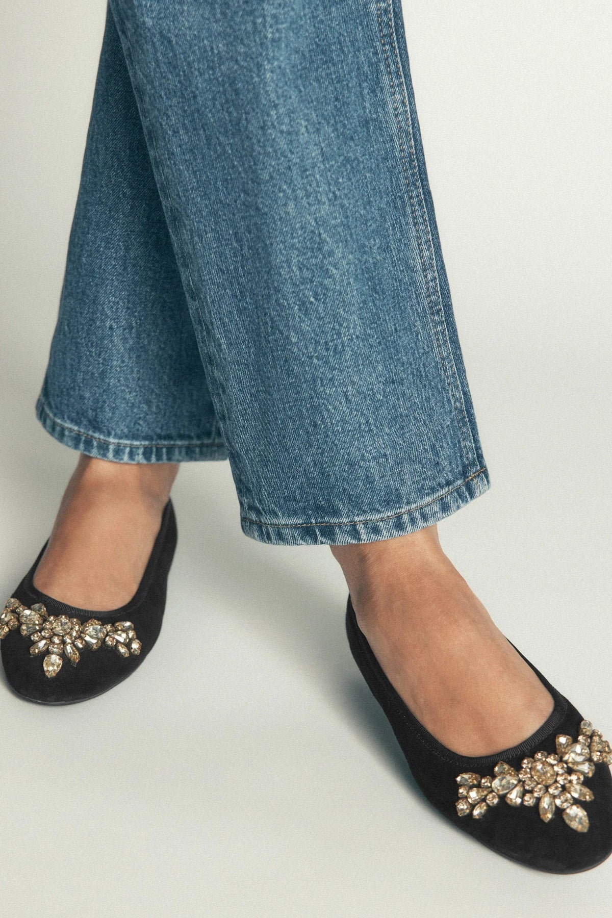 Boden Patti Round Toe Ballet Flat in Black Embellished Suede