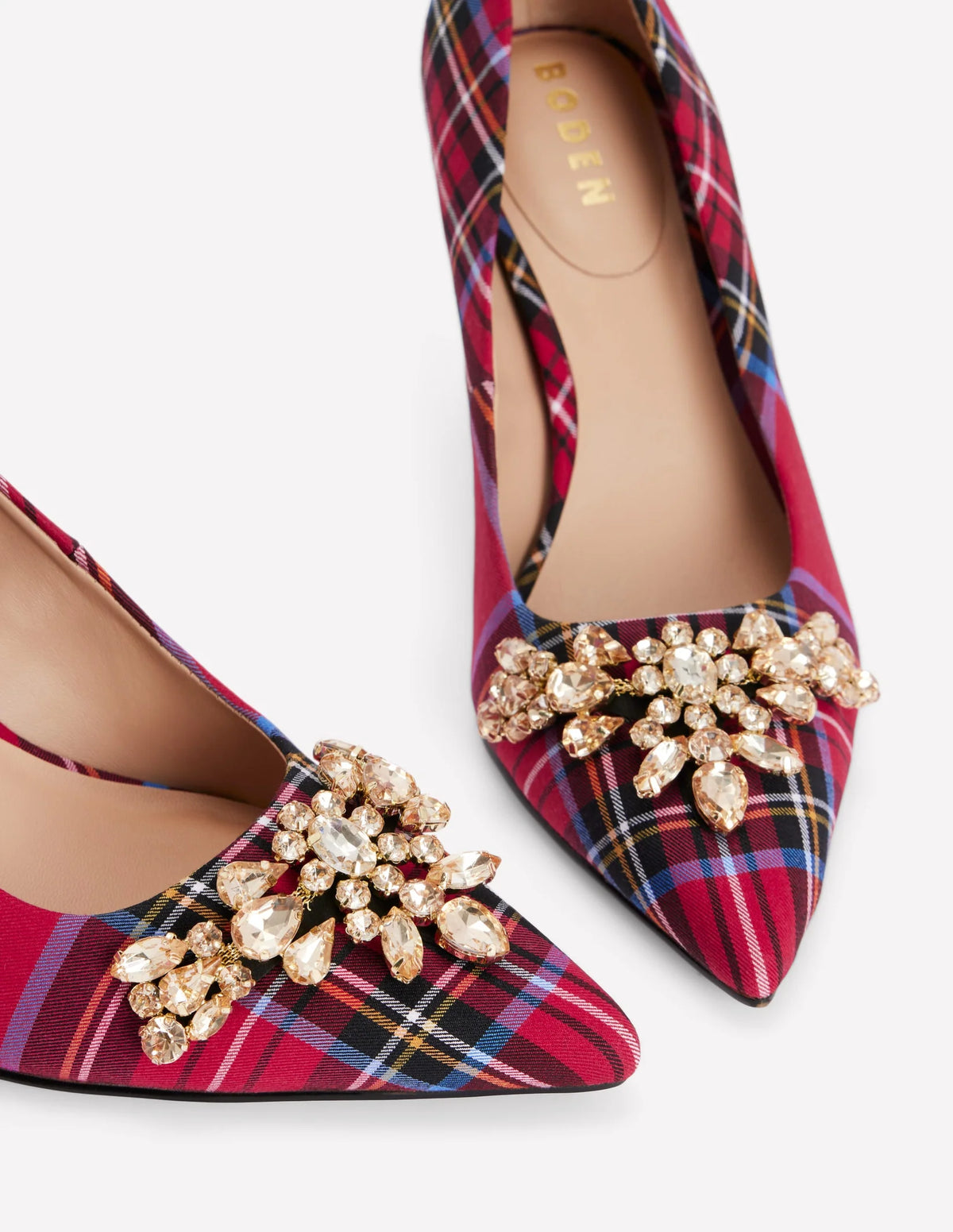 Boden Embellished Court Shoes in Red Tartan