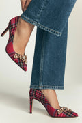 Boden Embellished Court Shoes in Red Tartan