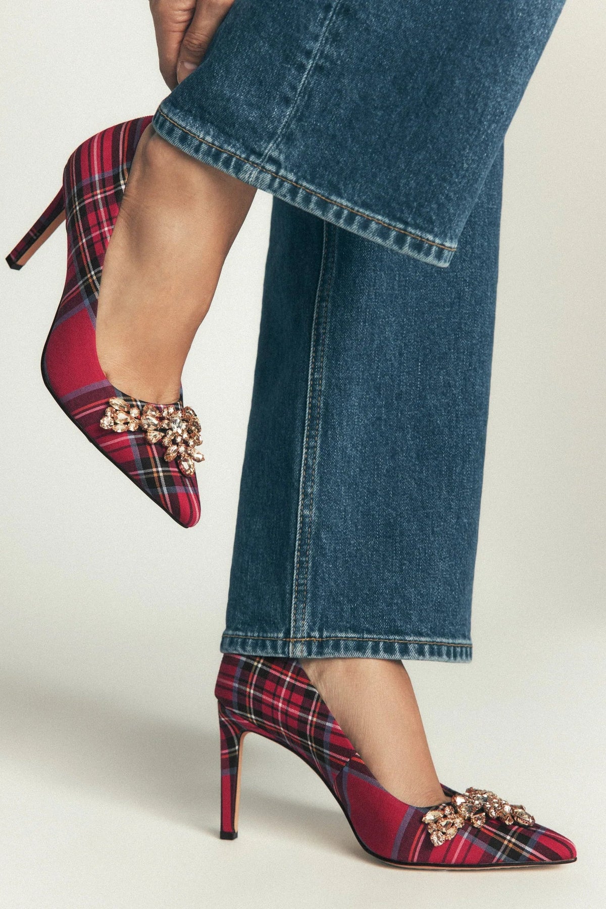 Boden Embellished Court Shoes in Red Tartan