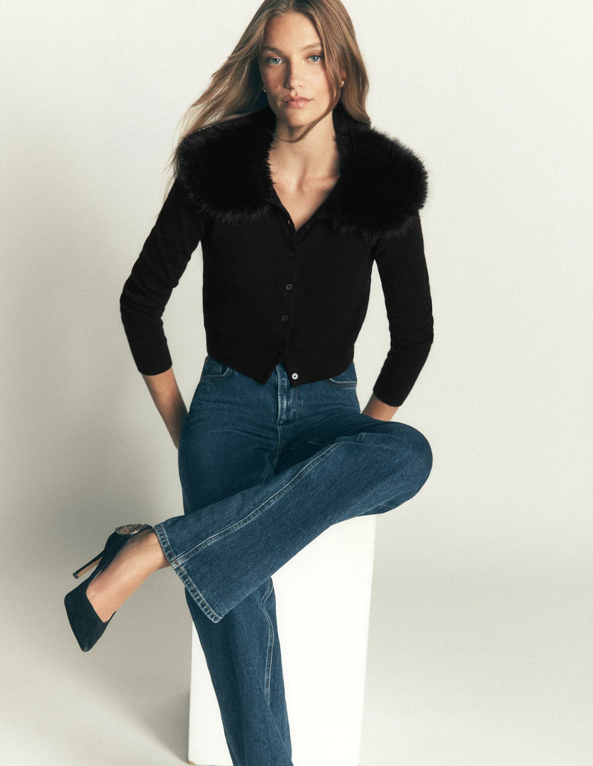 Boden Fur Collar Cropped Cardigan in Black