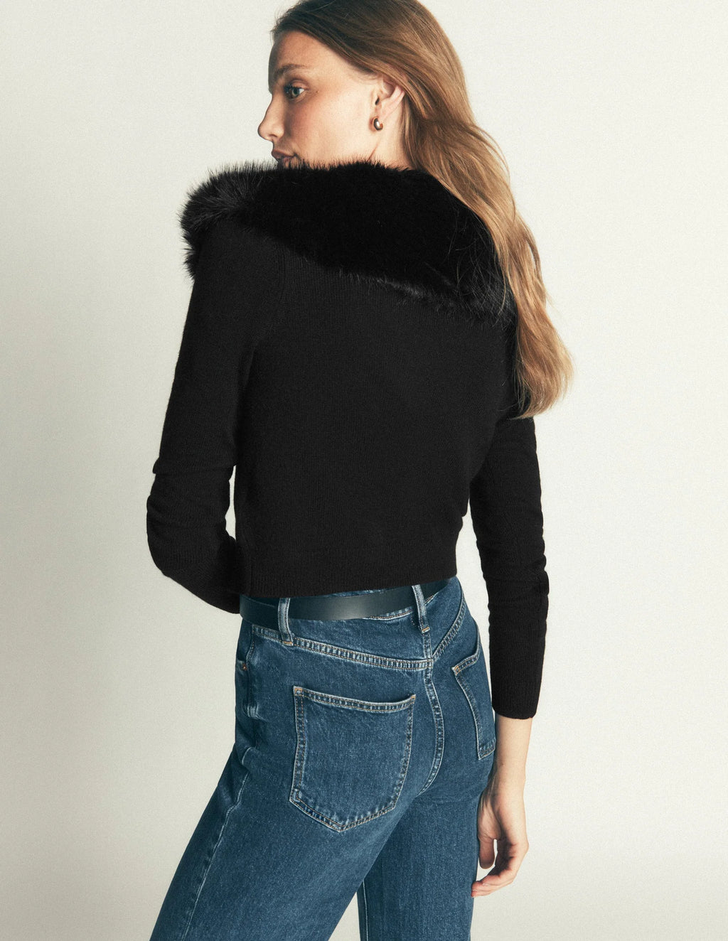 Boden Fur Collar Cropped Cardigan in Black