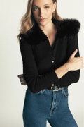 Boden Fur Collar Cropped Cardigan in Black