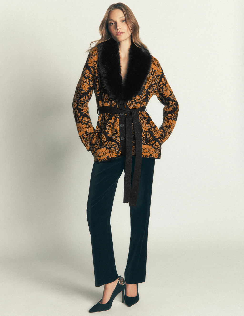 Boden Belted Wrap Knitted Cardigan in Metallic Black & Gold Jacquard