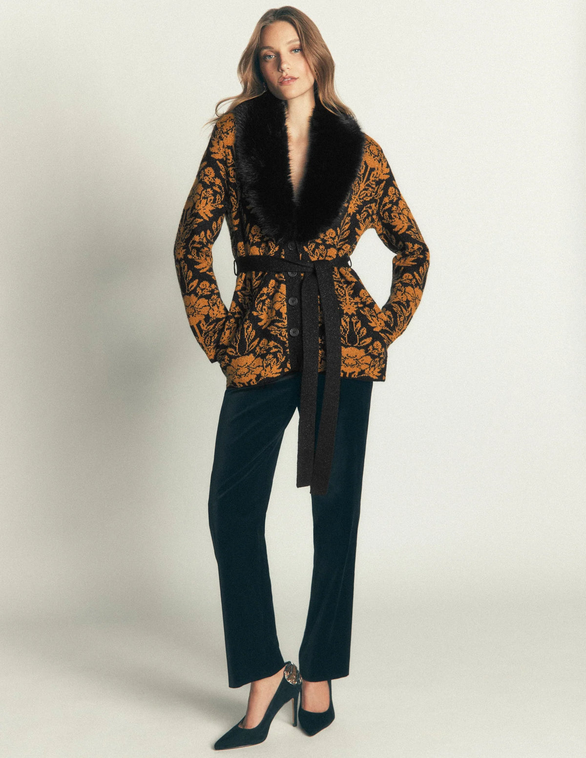 Boden Belted Wrap Knitted Cardigan in Metallic Black & Gold Jacquard