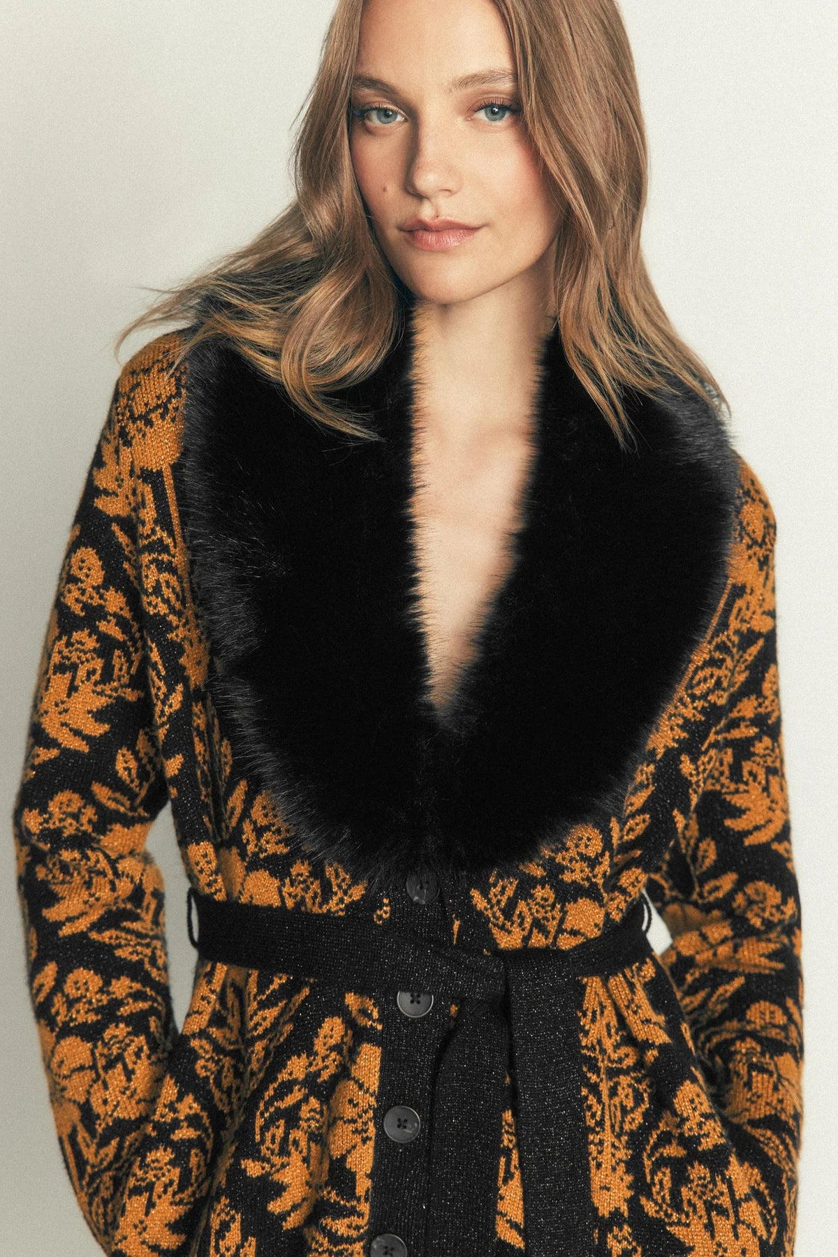 Boden Belted Wrap Knitted Cardigan in Metallic Black & Gold Jacquard