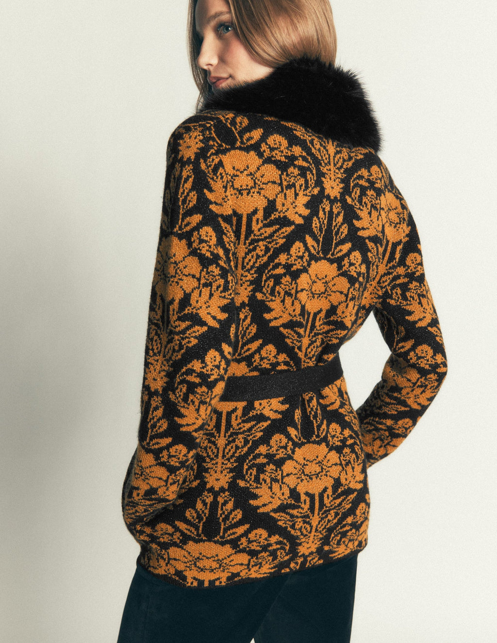 Boden Belted Wrap Knitted Cardigan in Metallic Black & Gold Jacquard