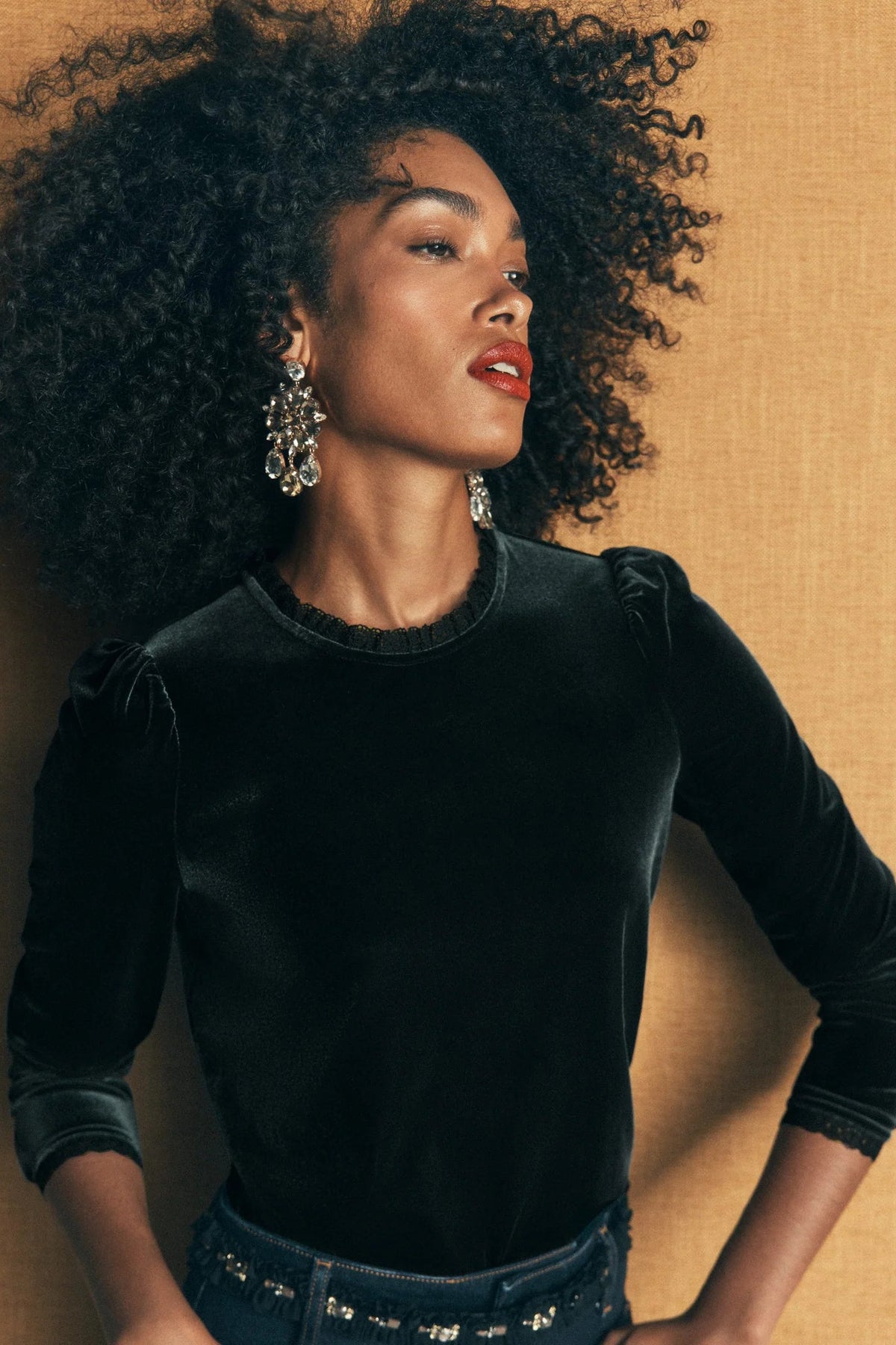 Boden Lace Trim Velvet Top in Midnight Emerald