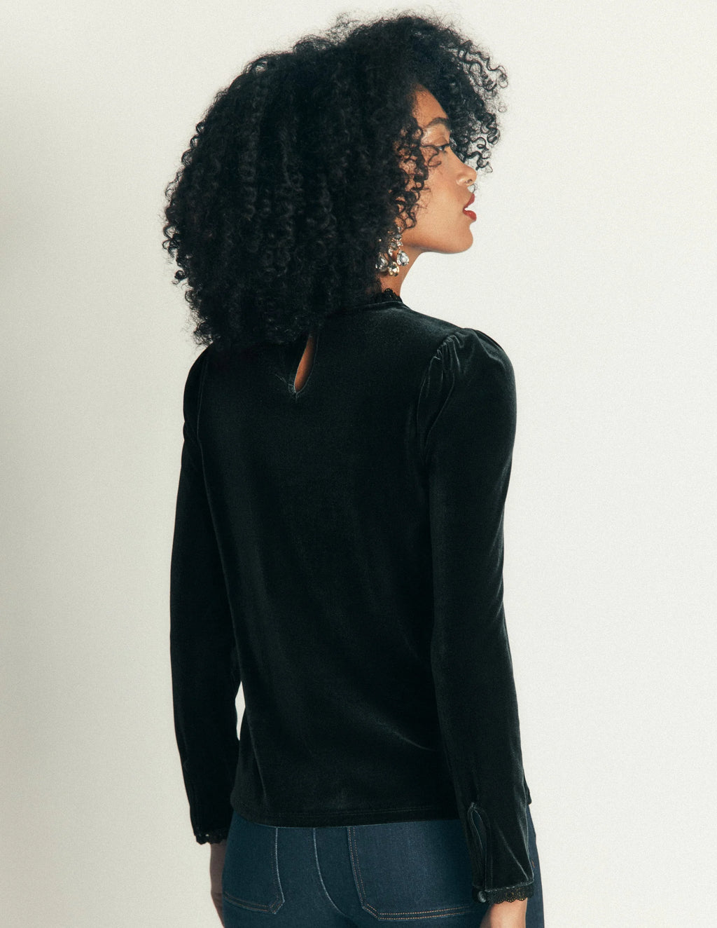 Boden Lace Trim Velvet Top in Midnight Emerald