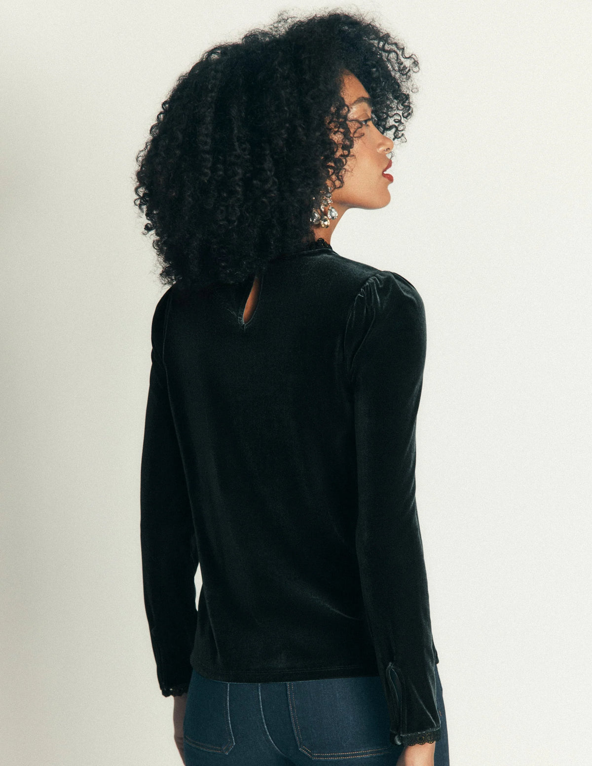 Boden Lace Trim Velvet Top in Midnight Emerald