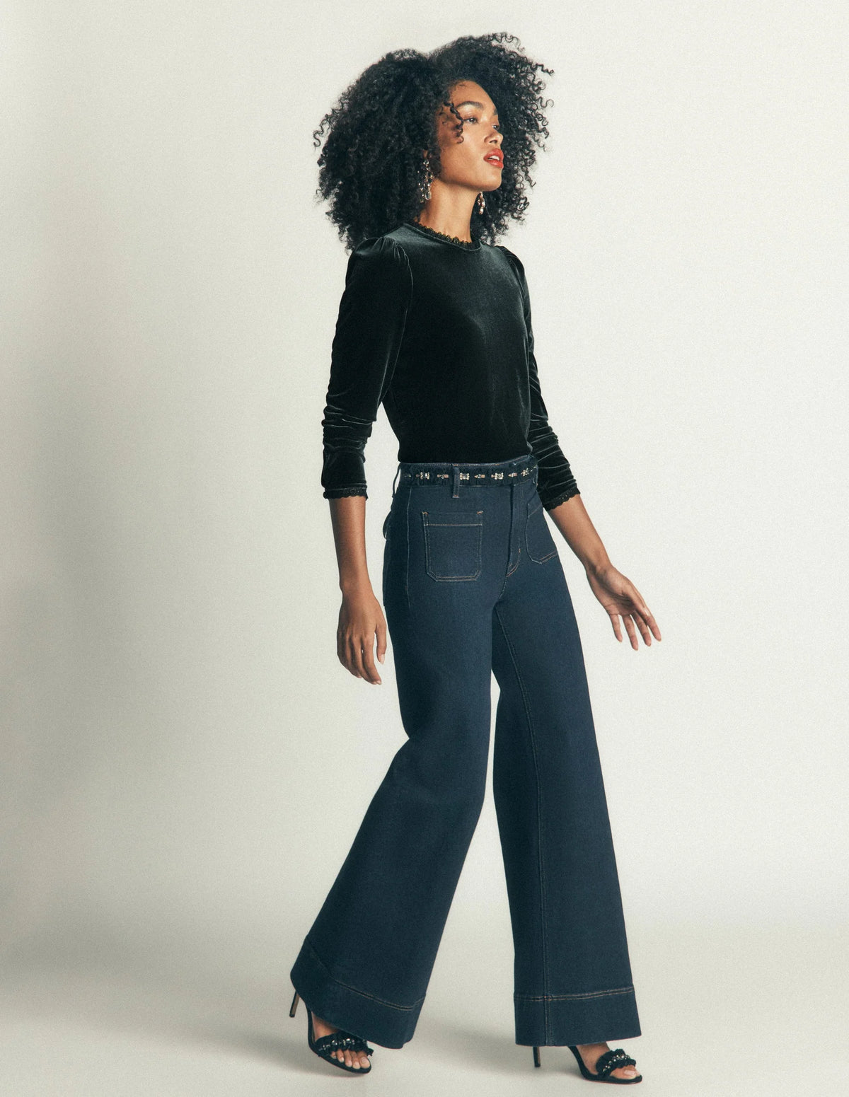 Boden Lace Trim Velvet Top in Midnight Emerald