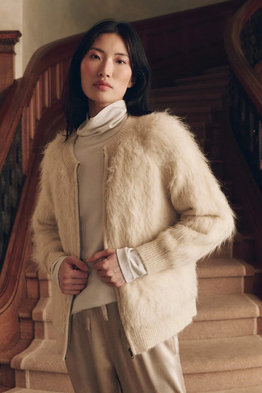 THE GREAT. Fuzzy Bomber Sweater in Cream