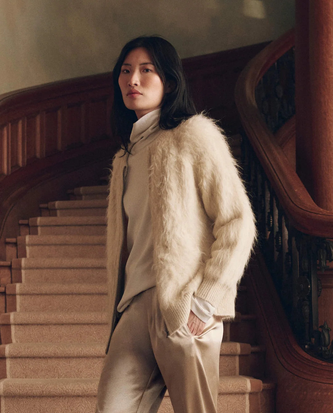THE GREAT. Fuzzy Bomber Sweater in Cream