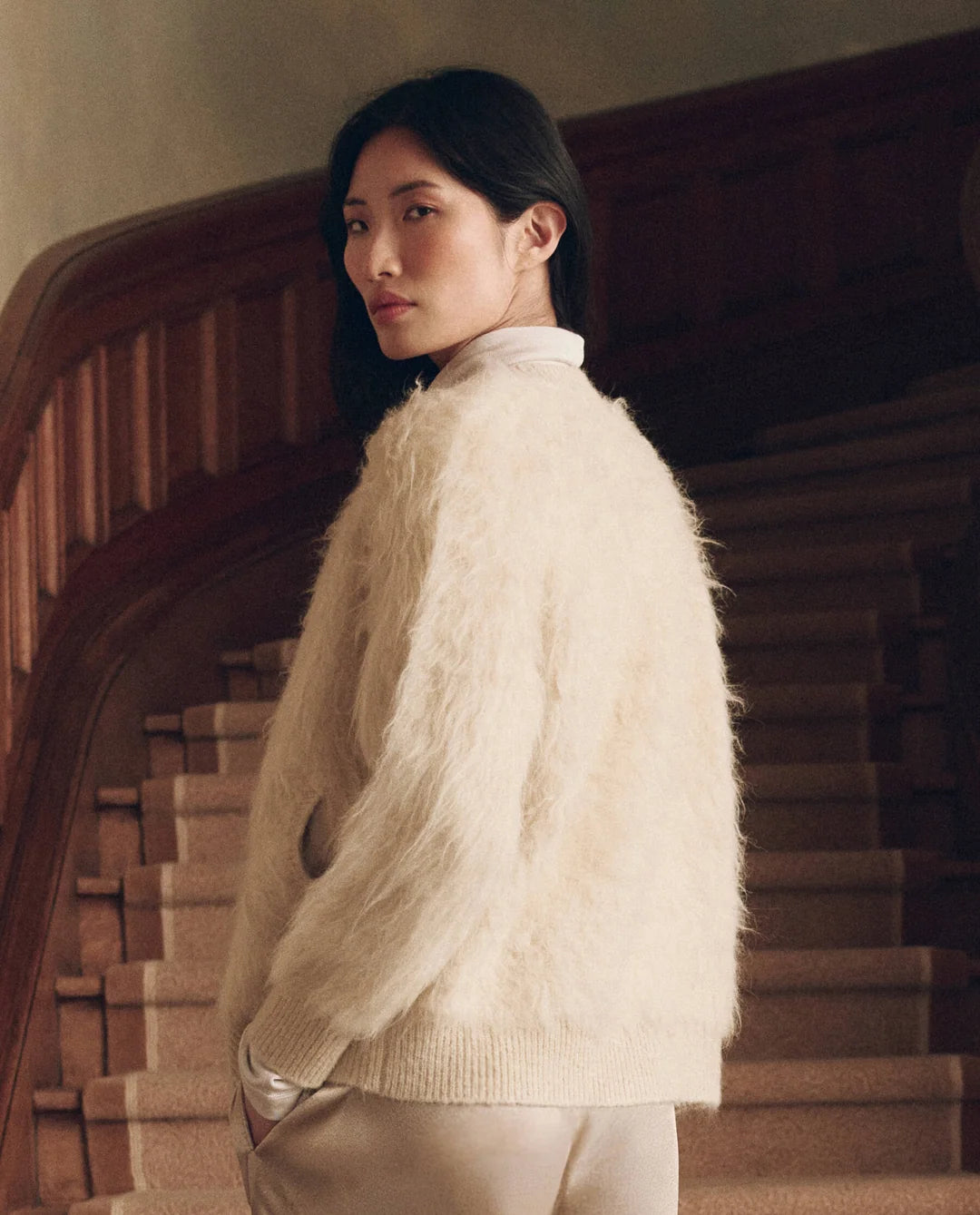 THE GREAT. Fuzzy Bomber Sweater in Cream